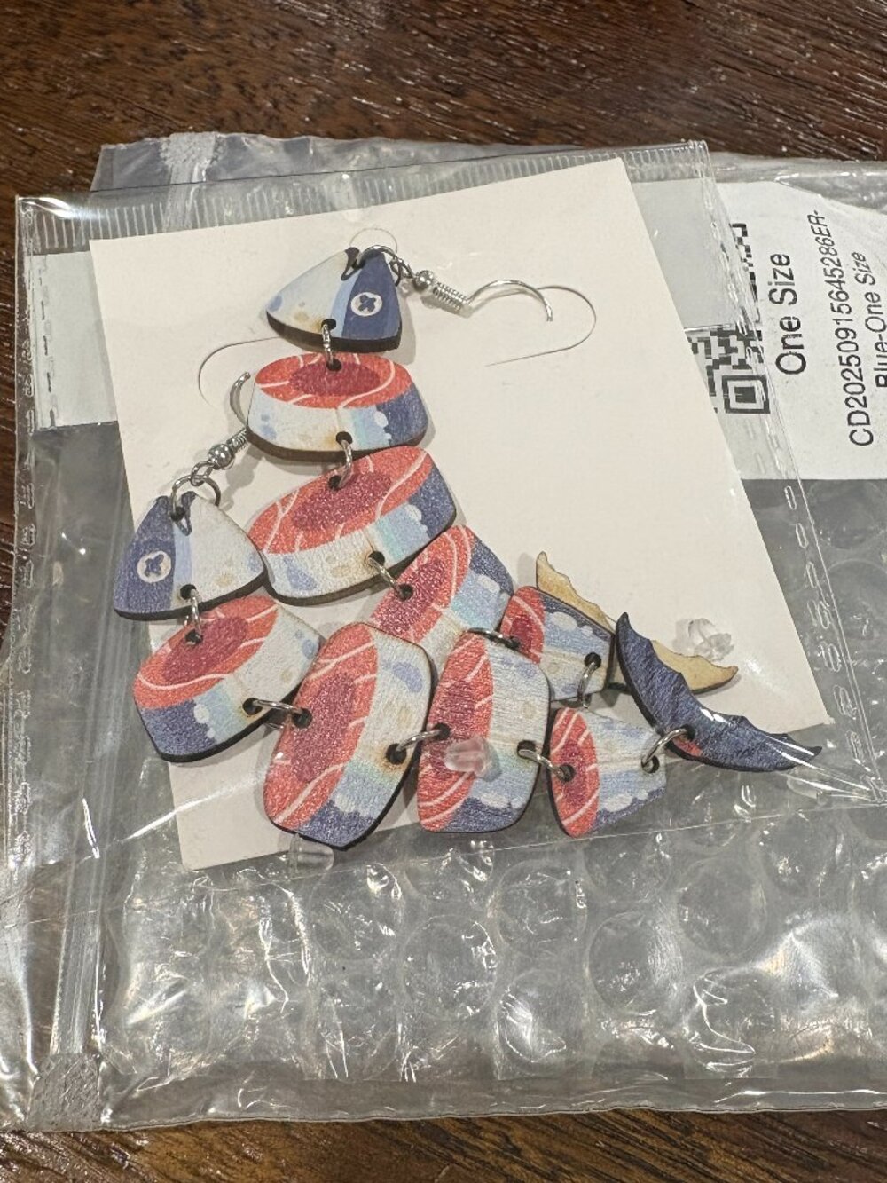 Cider Wood Fosh Earrings Blue Tuna NEW NIP Dangles - Picture 2 of 2